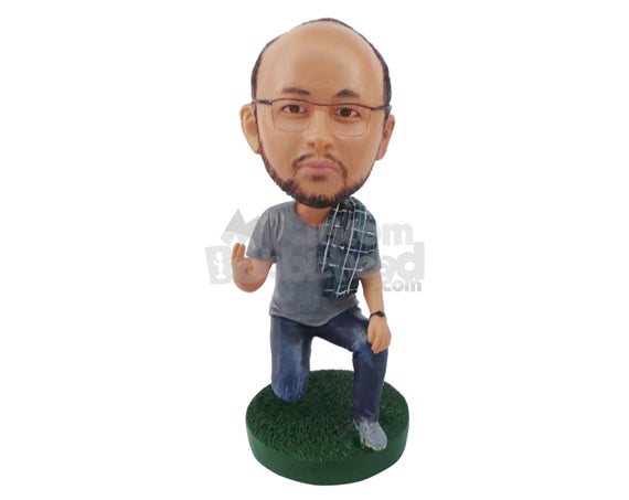 Custom Bobblehead Man Kneeling On One Knee Holding A Peace Sign - Leisure & Casual Casual Males Personalized Bobblehead & Cake Topper Custom Bobblehead Man Kneeling On One Knee Holding A Peace Sign - Leisure & Casual Casual Males Personalized Bobblehead & Cake Topper